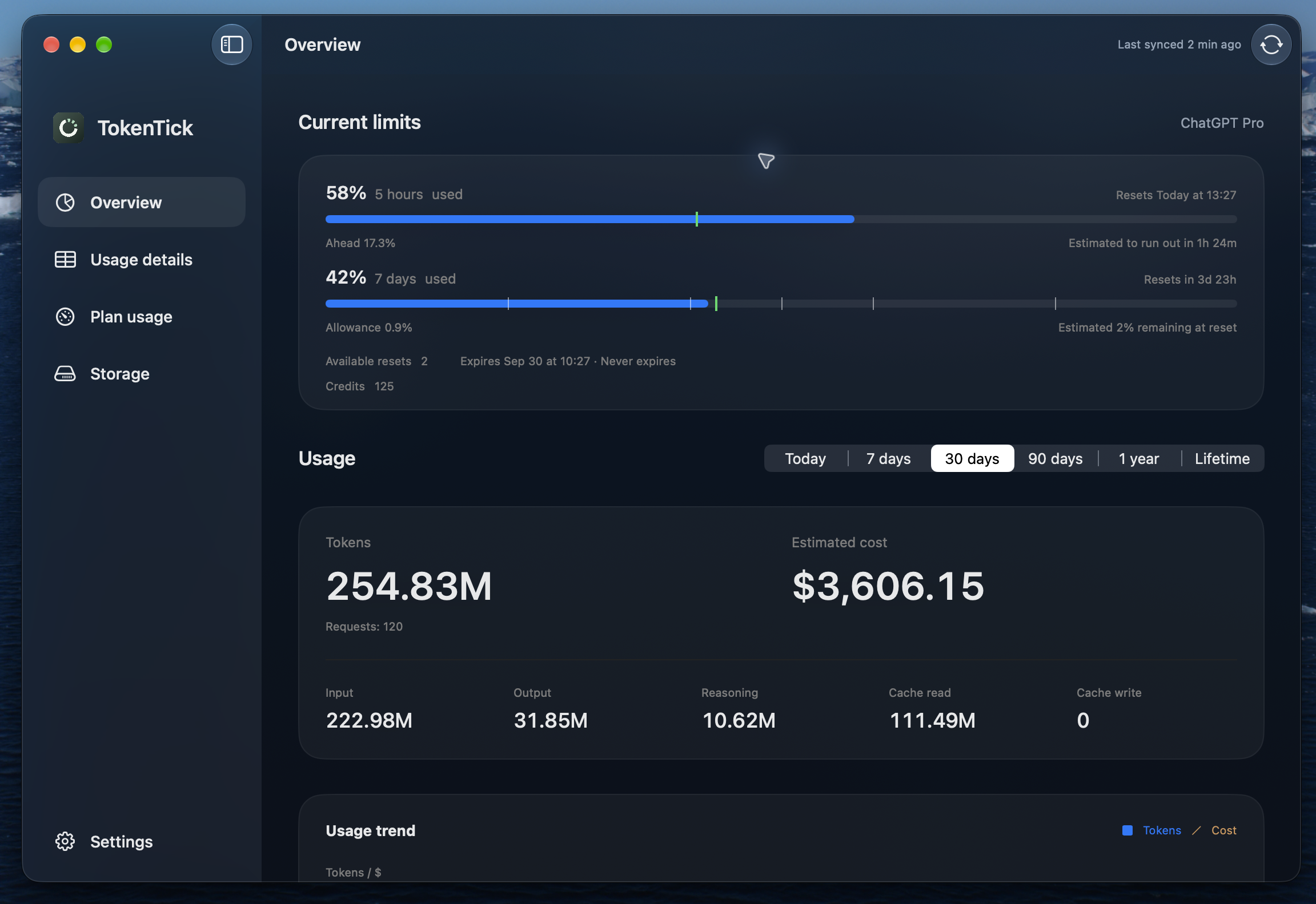 TokenTick Overview showing Codex usage limits, reset times, forecasts, and token totals