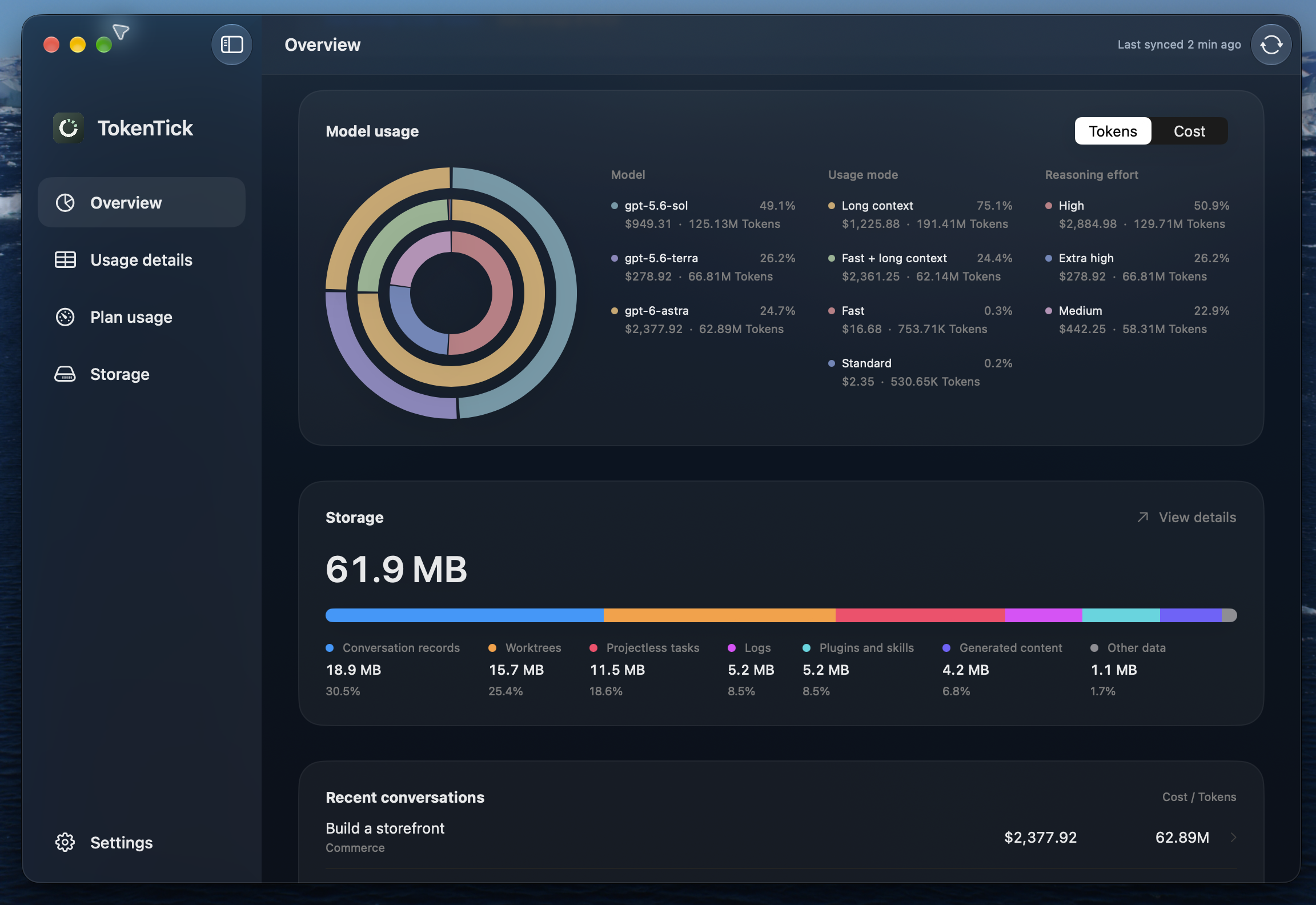 TokenTick model usage rings with token and cost breakdowns