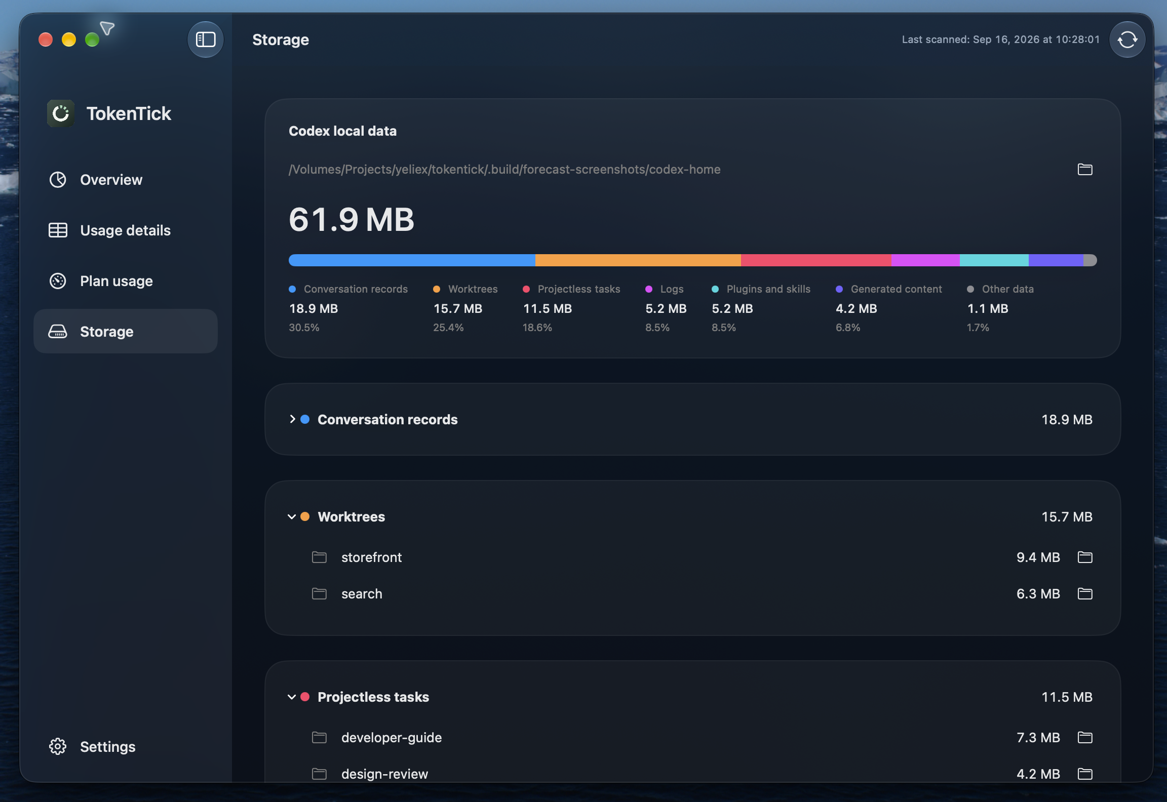 TokenTick Codex storage categories and directory sizes
