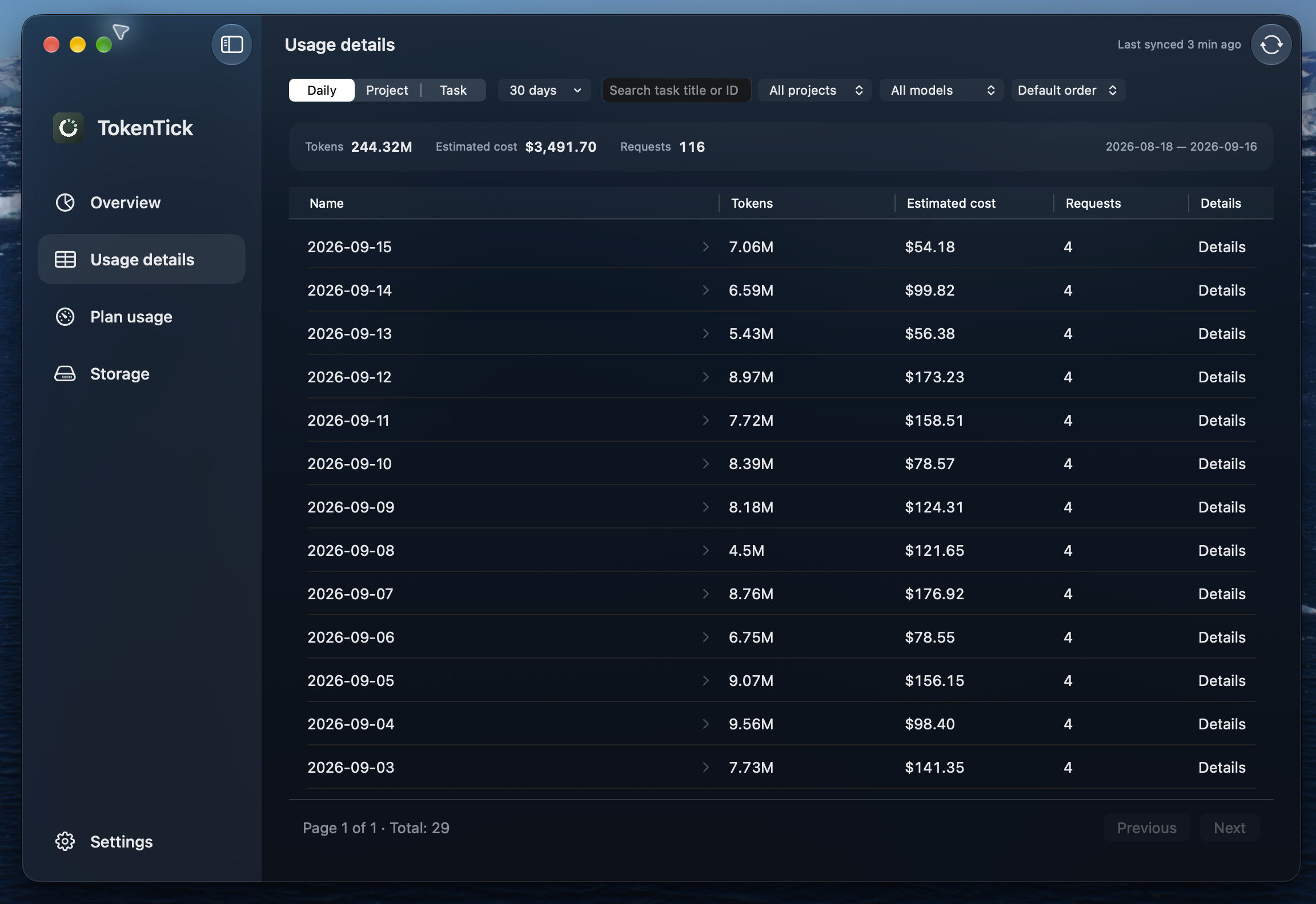 TokenTick usage details with date filters and task-level token and estimated cost totals